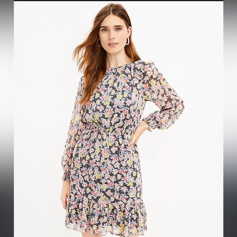 LOFT Dress 👗 NWT, Large Tall, Dk Grey, Blue, Gold, Coral/Pink, and Cream.